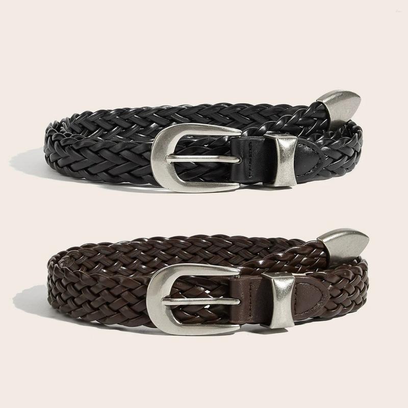 Belts Women's Vintage Braided Waist Belt 2.5cm Wide 105cm All-Season Woven Leather With Silver Buckle For Casual & Daily Wear