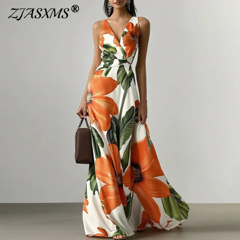 Sexy V Neck Floral Print Boho Long Dress Women Casual High Waist Party Maxi Dress Summer Sleeveless Holiday Beach Dress Vestidos 260714BJ