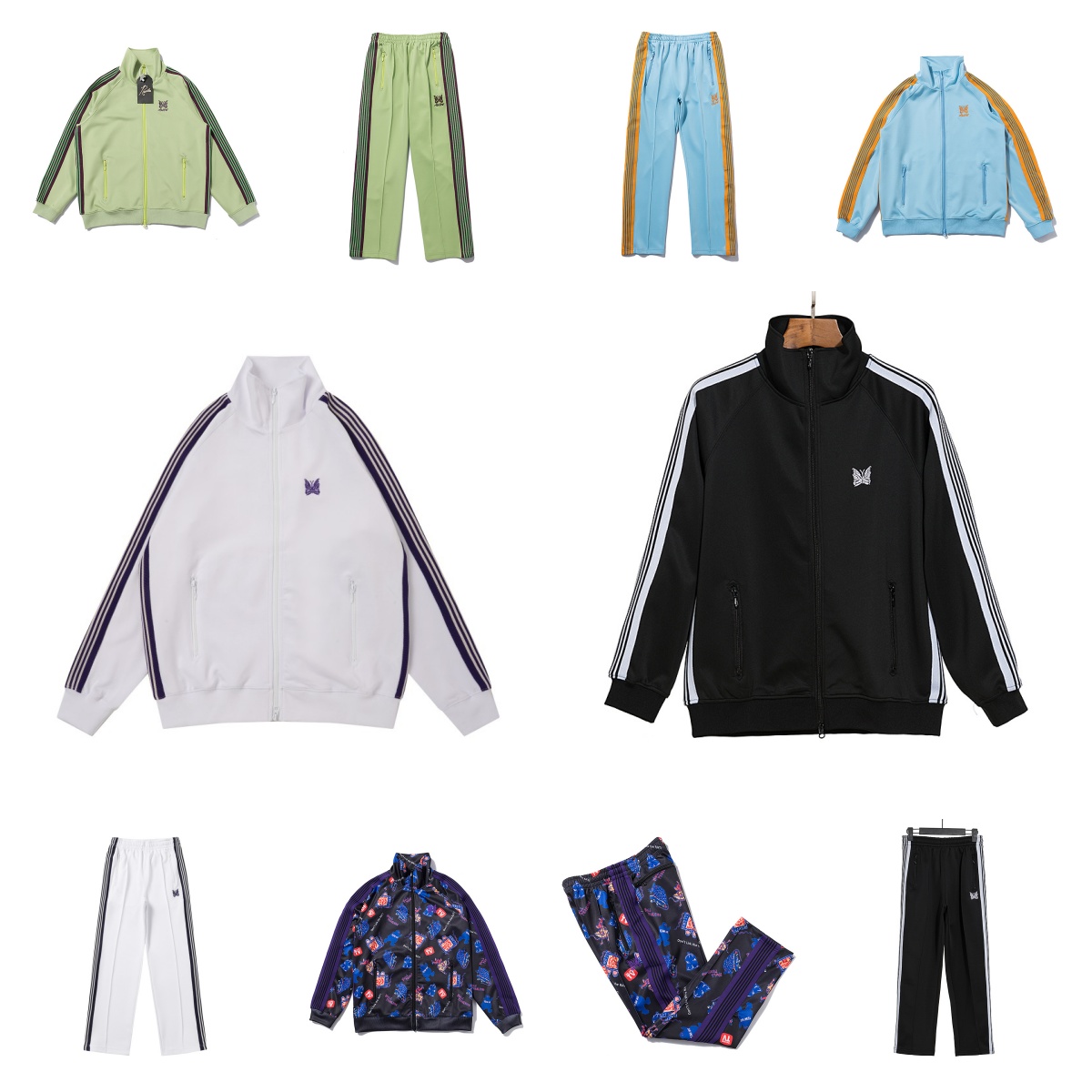 Mens Needles designer hoodie and sweatpants set high quality cotton spring and autumn street casual zipper embroidery sportswear and pants