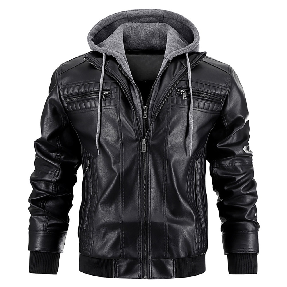 Men American Hooded PU Independent Station Leather Jacket Men's Winter New Warm Coat European Size