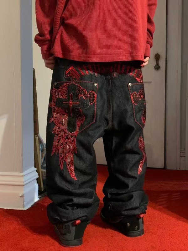 Pantalon en denim taille haute à jambes larges et décontracté de rue hip-hop brodé rétro de style américain, polyvalent et adapté à toutes les oc