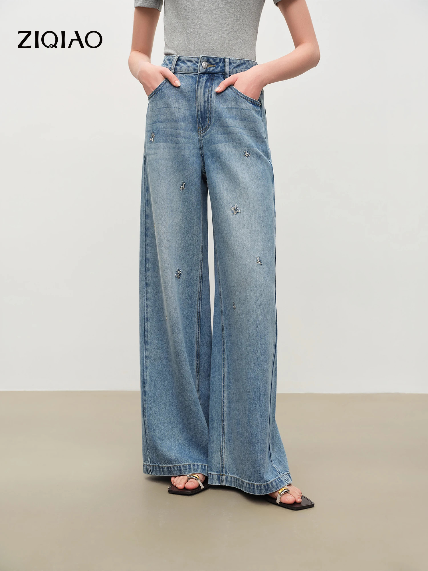 ZIQIAO Womens Sequined Embroidered Lightweight DenimLook Casual Pants 2026 Summer Arrival Stylish WideLeg Trousers 260714banjia