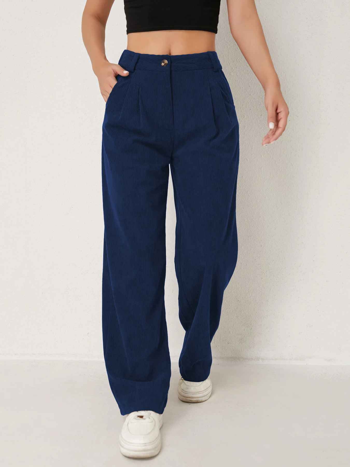 Womens autumn and winter solid color corduroy casual suit wideleg pants plus velvet straight to look slim 260714banjia