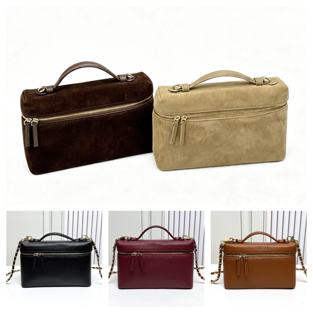Top Quality Designer Suede Vanity Bag 26A Double Zipper Vanity Makeup Box Bag Top Handle Mini Bag Chain Mini Rectangular Cosmetic Bag Crossbody Bag