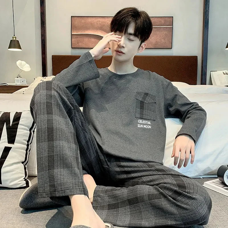 2PCSSet Men Pajamas LongSleeved Korean Version of the Simple Button down Tops and Pants Nightwear Homewear Plaid Sleepwear 260714banjia