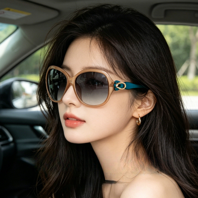 Women's Round Frameless Sunglasses, Gradient UV380 Protection Lenses - Blue Temple Accent, PC Frame Casual Eyewear for Driving, Travel, Outdoor Days