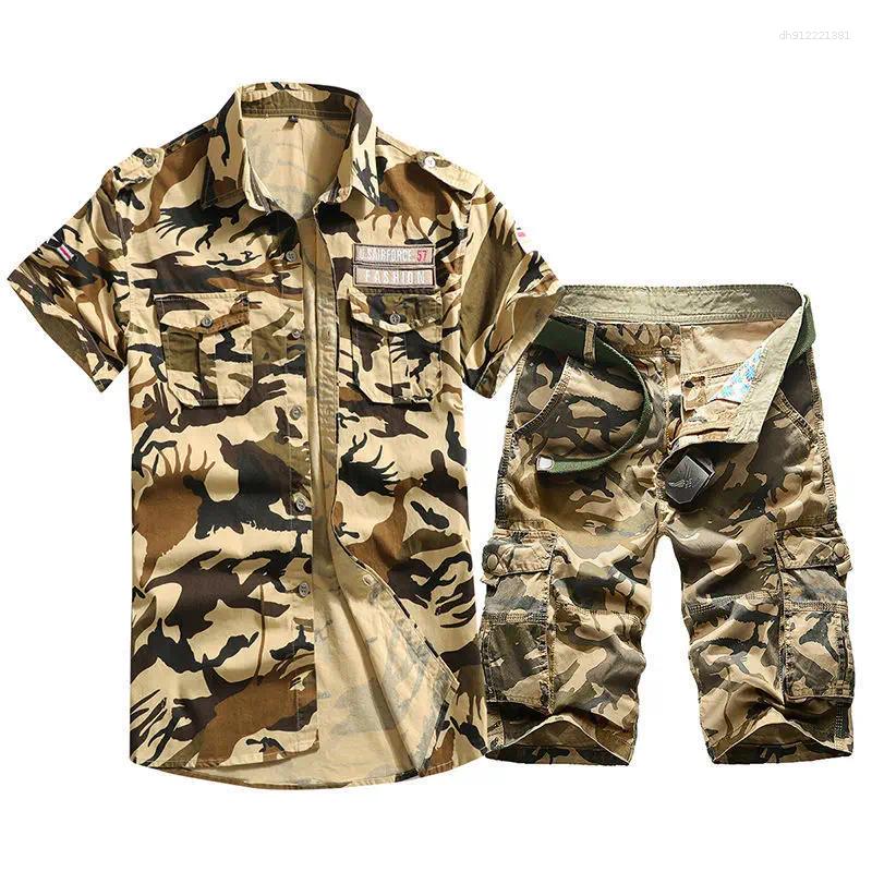 Men's Tracksuits Pure Cotton Summer Shirt Camouflage Suit Short Sleeve Multi-pocket Shorts Suits Workwear Casual