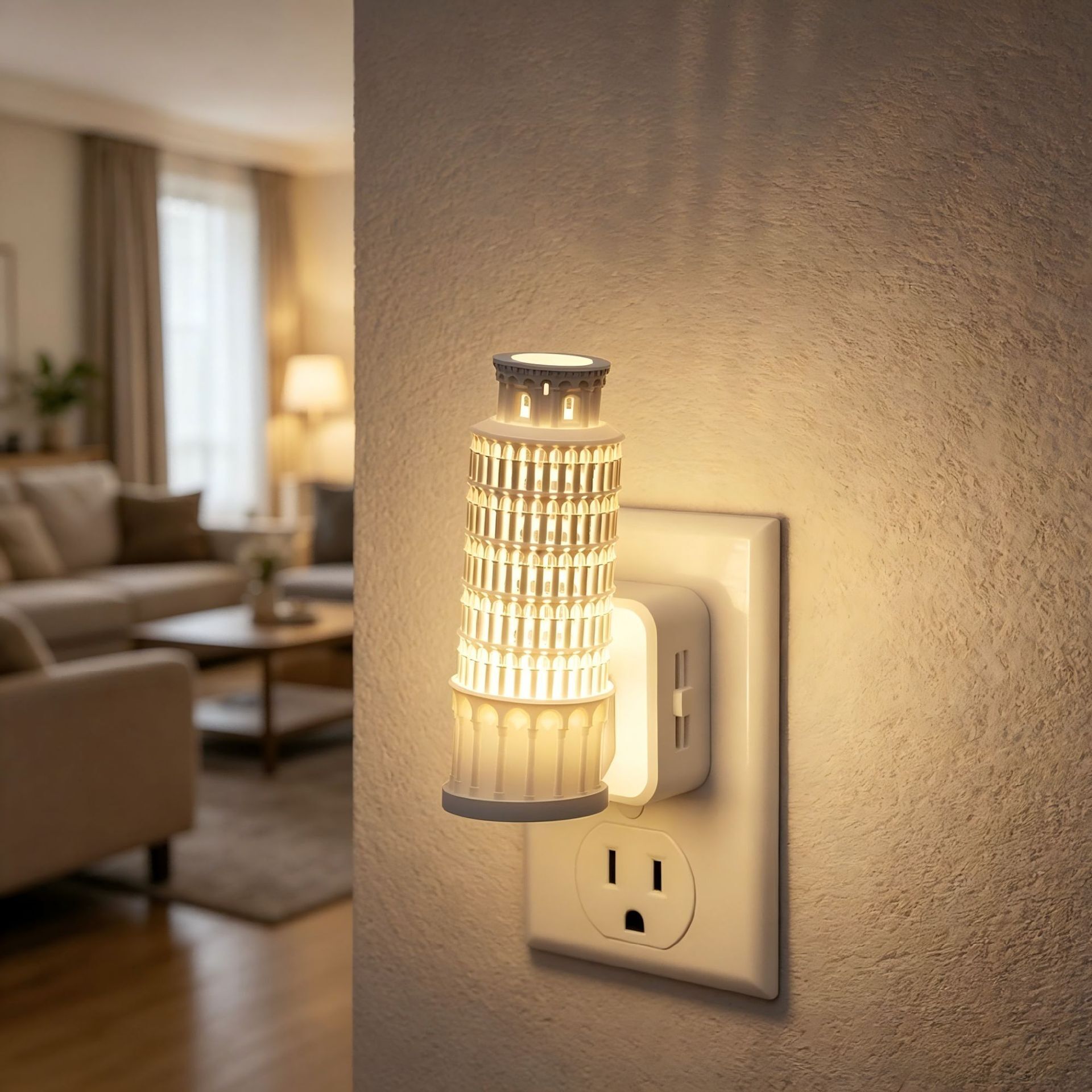 3D Night GY252 Lindo modelo de torre inclinada de Pisa para niños, mesita de noche para sala de estar con sensor de luz, versión enchufable