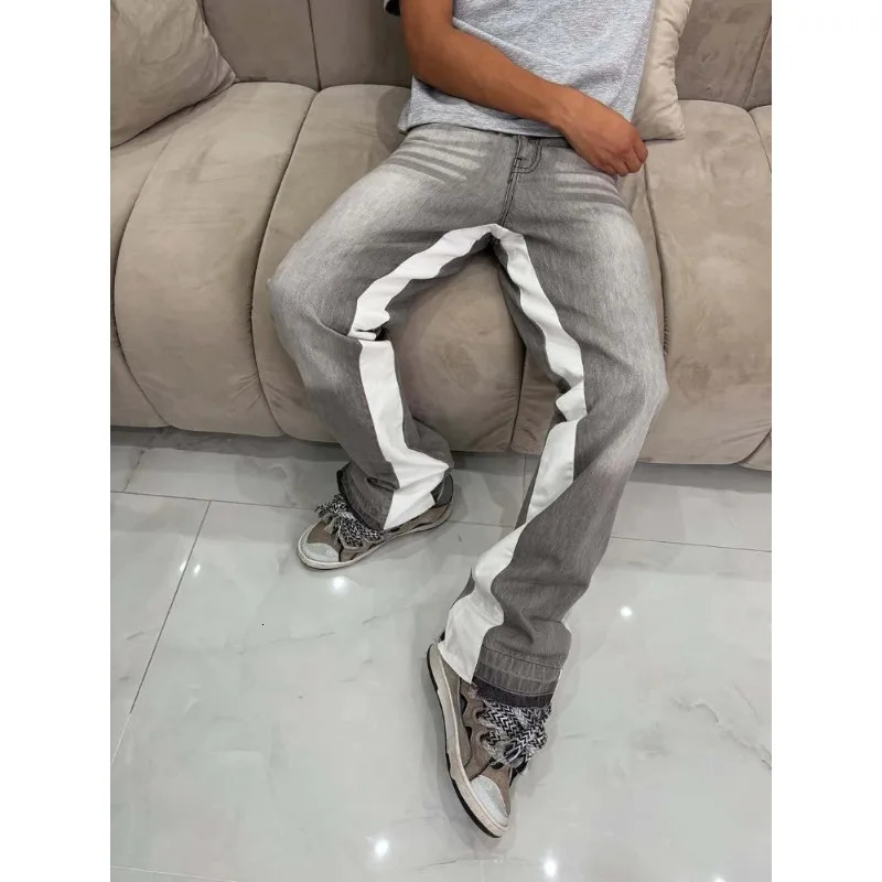 Washed Micro-Flare Gray Stitching Jeans Suitable for Both Men and Women Can Be Worn as Long Pants or Shorts Comfortable 260714