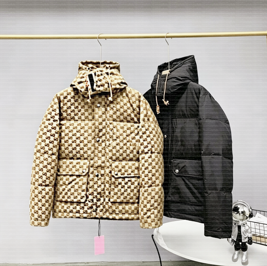 Mens Hooded Puffer Jacket Down Coat Full Print Check Pattern Winter Windproof Warm Zip Casual Jacket Couple Outwear women Clothing 4XL GG