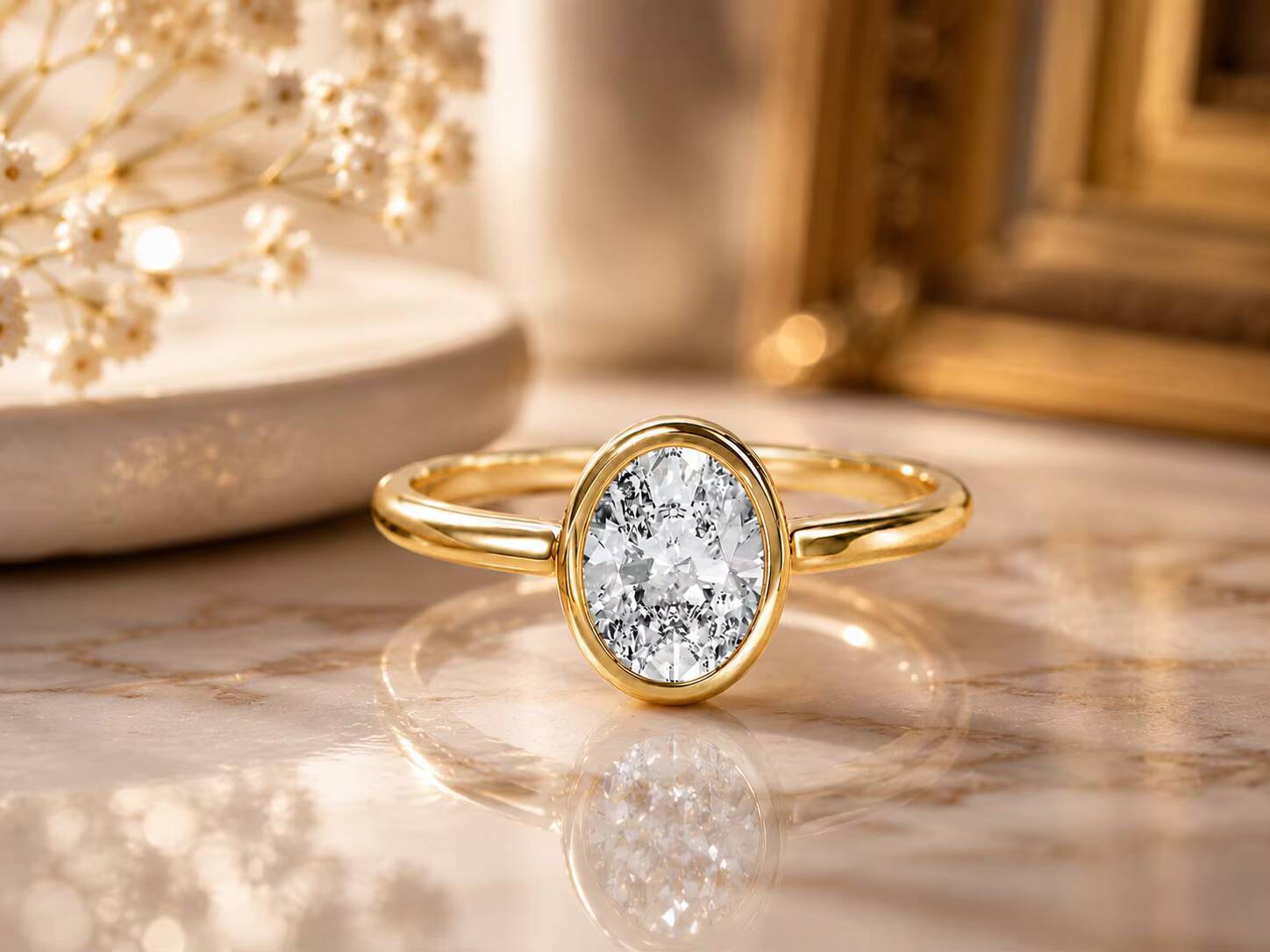 Oval Cut Moissanite Gold Plated Classic Engagement Ring 925 Sterling Silver Bezel Setting Wedding Band for Women