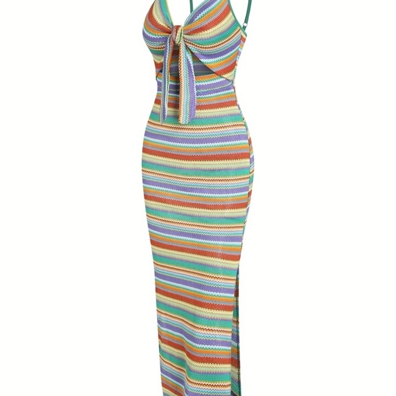 Une robe licou sans manches tricotée à rayures à la mode et une robe longue à nouer sexy qui sont en Europe et en Amérique pour le printemps 2607