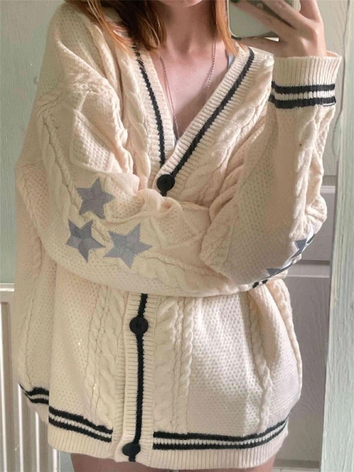 Tricots pour femmes automne mode étoile brodé kaki tricoté Cardigan femmes pull Y2k hiver chaud coupe ample manches longues vacances