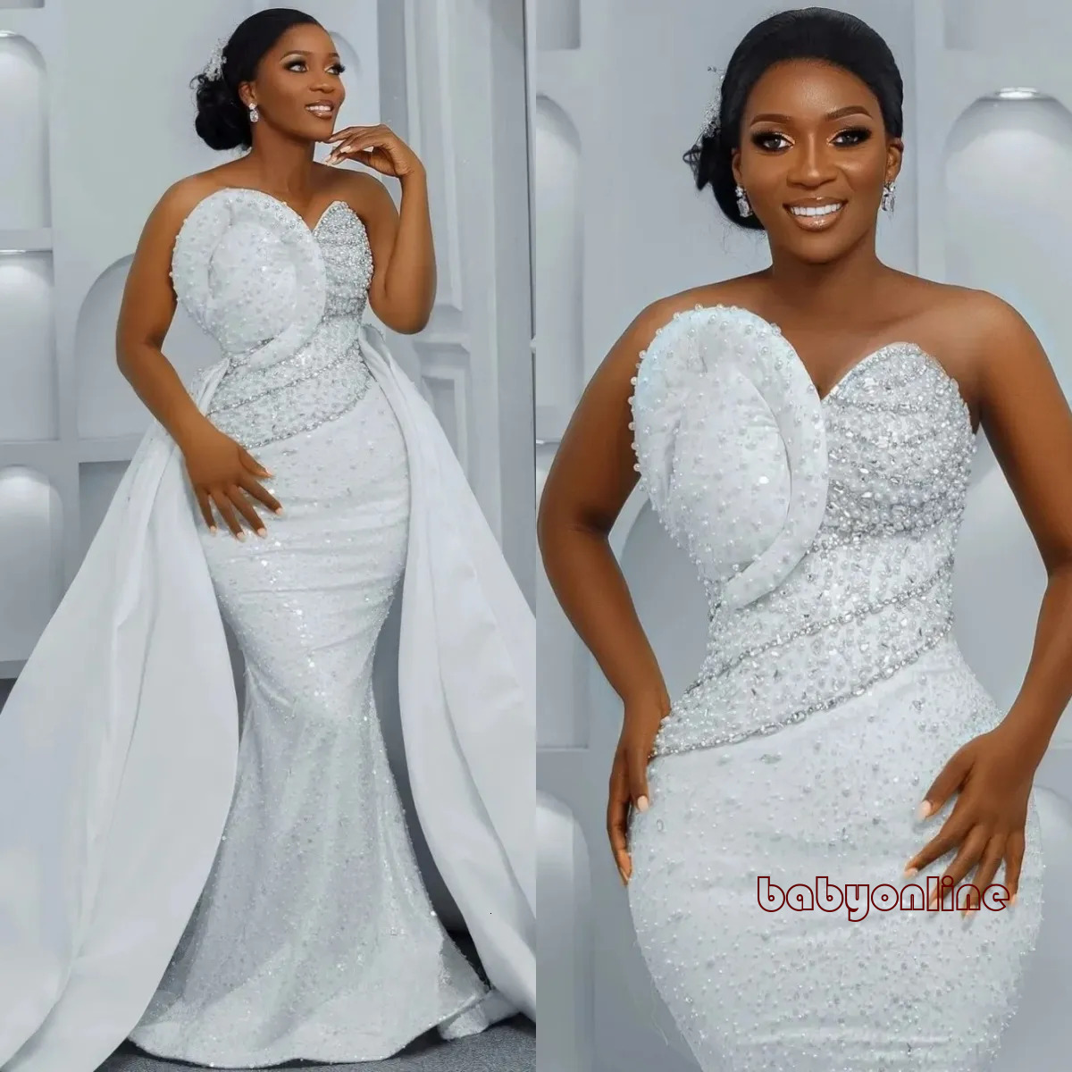Gorgeous Mermaid Wedding Dress Pearls Strapless Sleeveless Bride Dresses Sexy Detachable Sweep Train Bridal Gowns Customized
