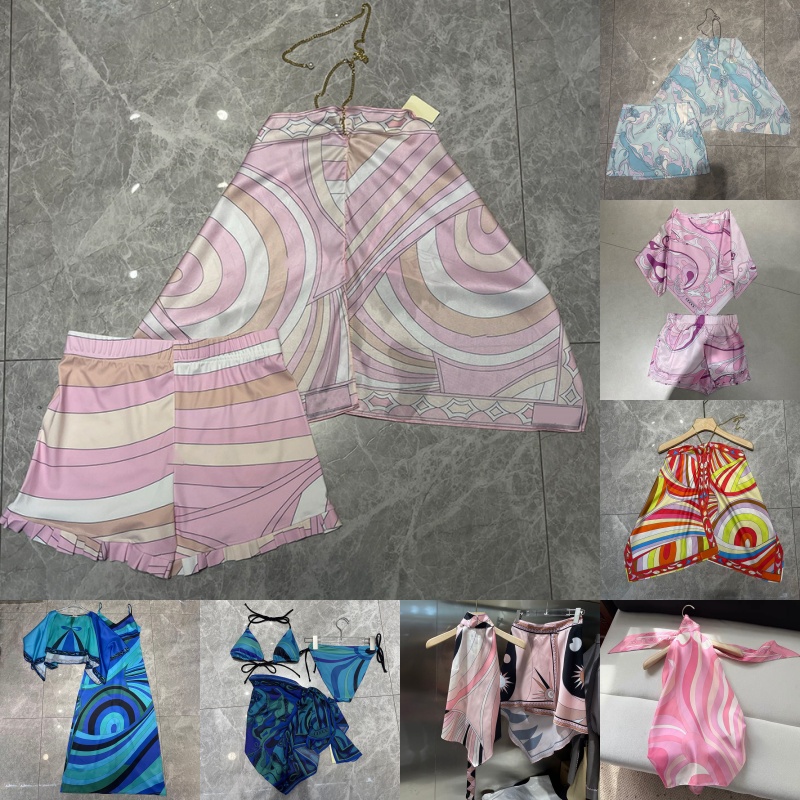 Robes imprimées multicolores pour femmes Designer Sexy Halter Top Mini Shorts Ensemble Boho Style Cape Chemise Été Vacances Plage Sexy Slip Dress