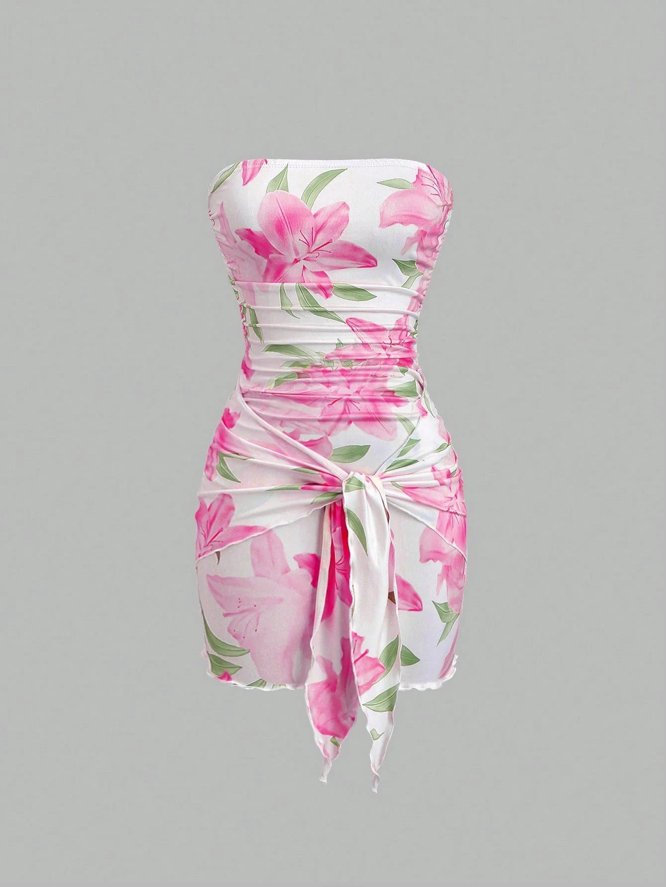 Robe courte sans bretelles à imprimé Lily Soft Breeze avec lien cintrant la taille Robe de rendez-vous sexy qui épouse les hanches 260716