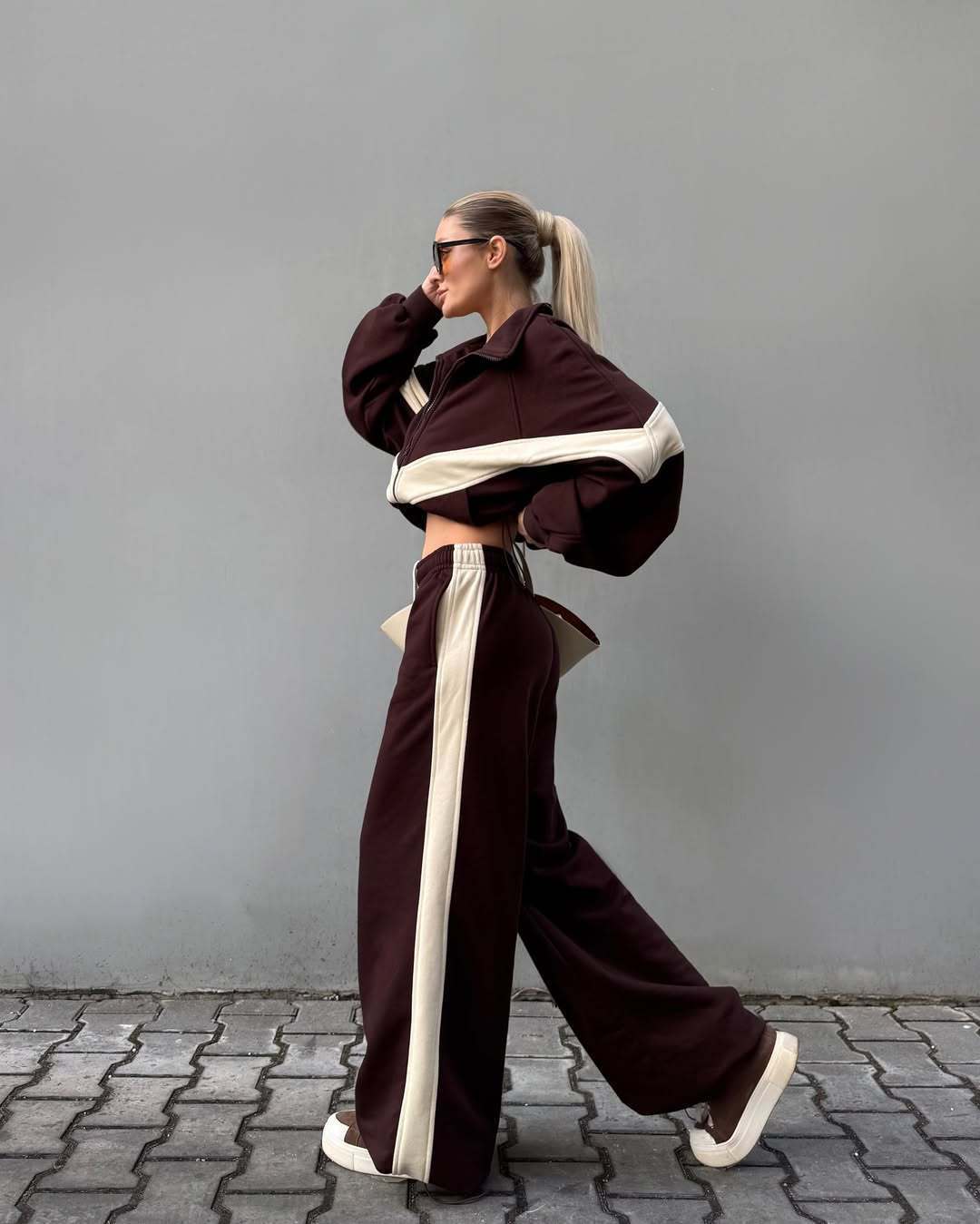 Fashion Casual Amazon Women s Clothing Cross Border European American Long Sleeve Color Block Sports Cardigan and Pants Street Style Set MAKOUFEI
