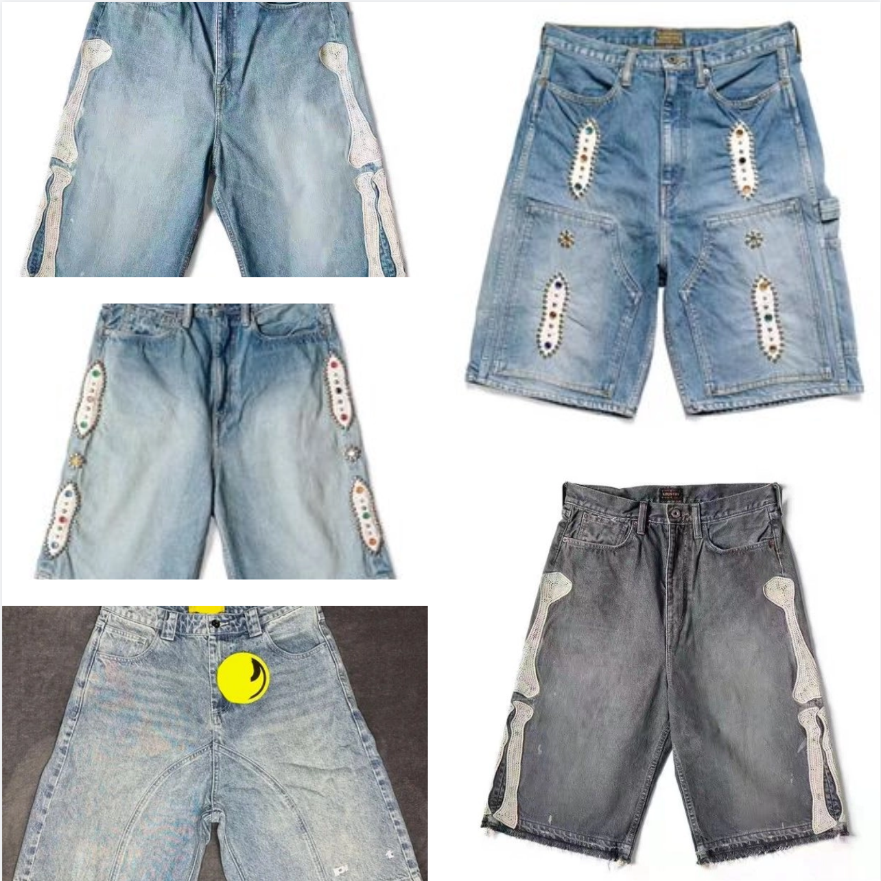 Men's Shorts KAPITAL 26SS 21SS Blue Dyed Retro Distressed Loose Rivet-Inlaid Gemstone Denim Cotton jeans Jacquard feather pants bell bottoms-image-966848298