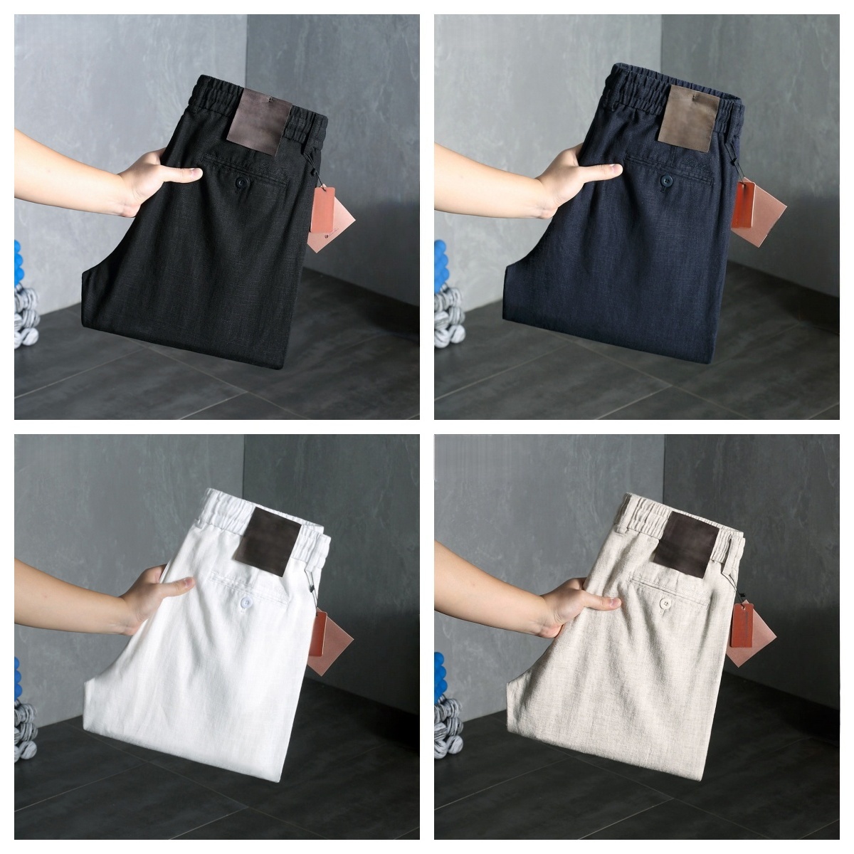 Wheat Embroidery Linen Pants Men High Waist Straight Wrinkle Free Breathable Summer Casual Sports Trousers