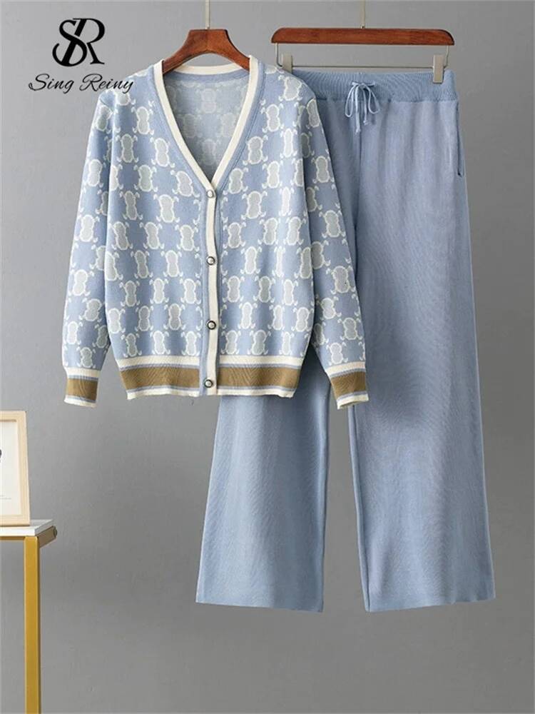 New DesignSINGREINY 2025 Autumn Two Piece Suits Women V Neck Basics Print Top+Elastic Long Pants Harajuku Casual Knit Sweater Warm Sets