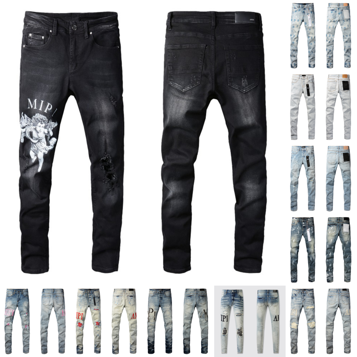 Designer Women Jeans For Mens MX2 Streetwear Moto Biker Destroyed Denim Zipper Button Wax Coated Denim Tie Dye Patchwork Multi Low Rise P001 Skinny