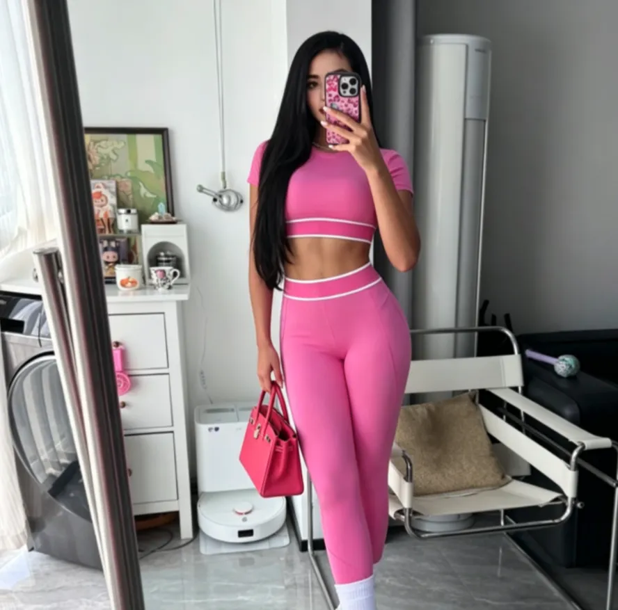 Women's Designer Yoga Pants Outfit - Matching Sports Bra & Mesh Shorts with Paradise Pink Design