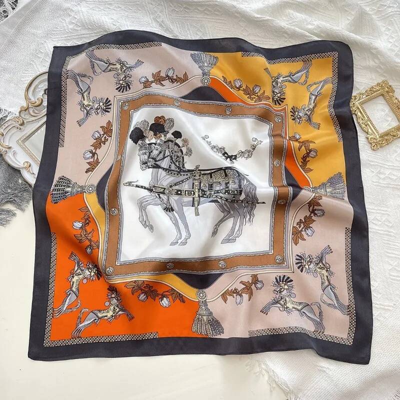 Vintage Equestrian Horse Print Satin Square Luxury Designer Neck Scarf Multi Use Hair Band Bag Handle Decor Ladies Gift J260716