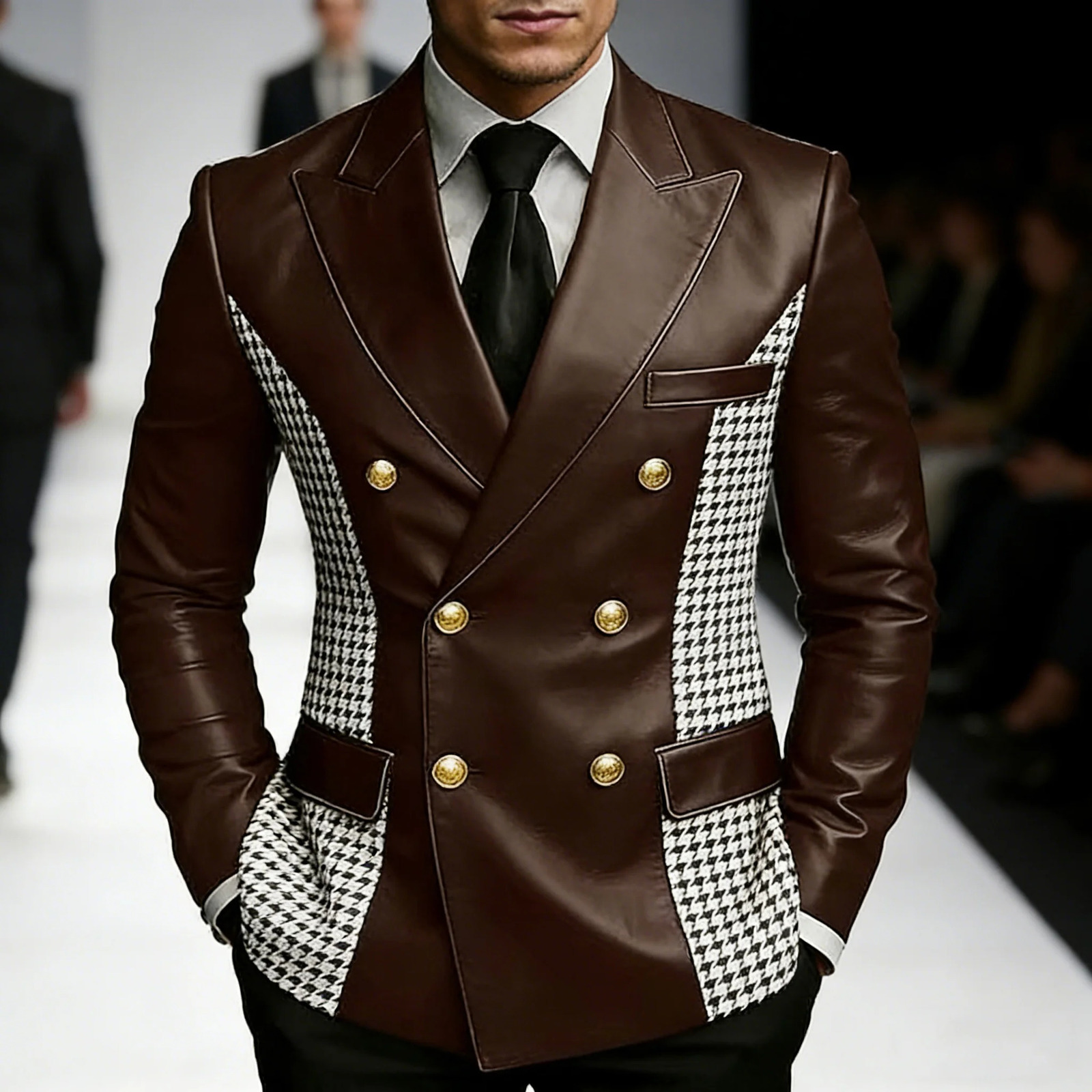 Mens Brown Leather Blazer With Houndstooth Sides Vintage Two-Tone Double Breasted Slim Fit Gold Buttons Leather Tuxedo Jacket 260716