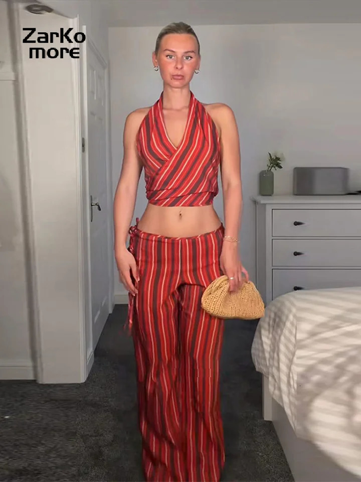 Fashion Womens Stripe Lace Up Halter Top Pant Set Sleeveless Backless V-neck Crop Vest Wide Lag Pants Summer Lady Suits 260715