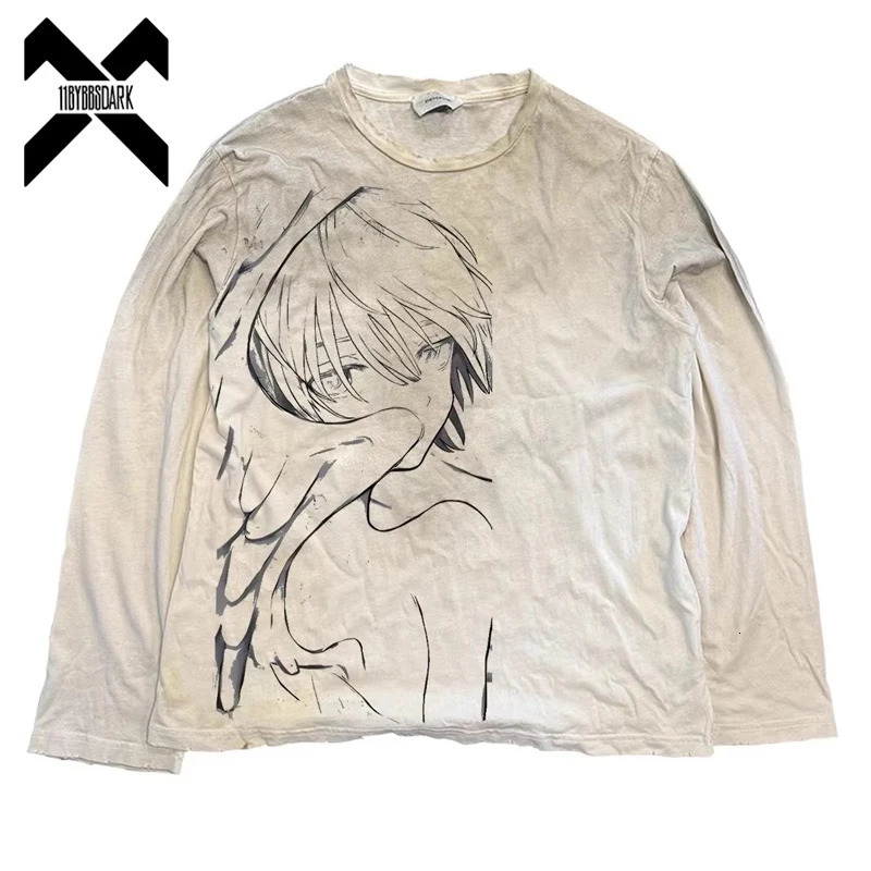 Vintage Washed Long Sleeves T-Shirt 2026 Summer Destroyed Dirty T Shirt Hip Hop Streetwear Cotton Tops Tees 260715