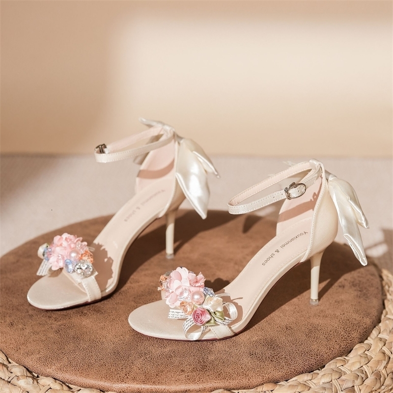 Summer Fashion Shoes Woman Pumps Open Toe Satin Flower Bow Buckle High Heels Ladies Sandals Womens Dress Wedding Party Shoes 260715BJ