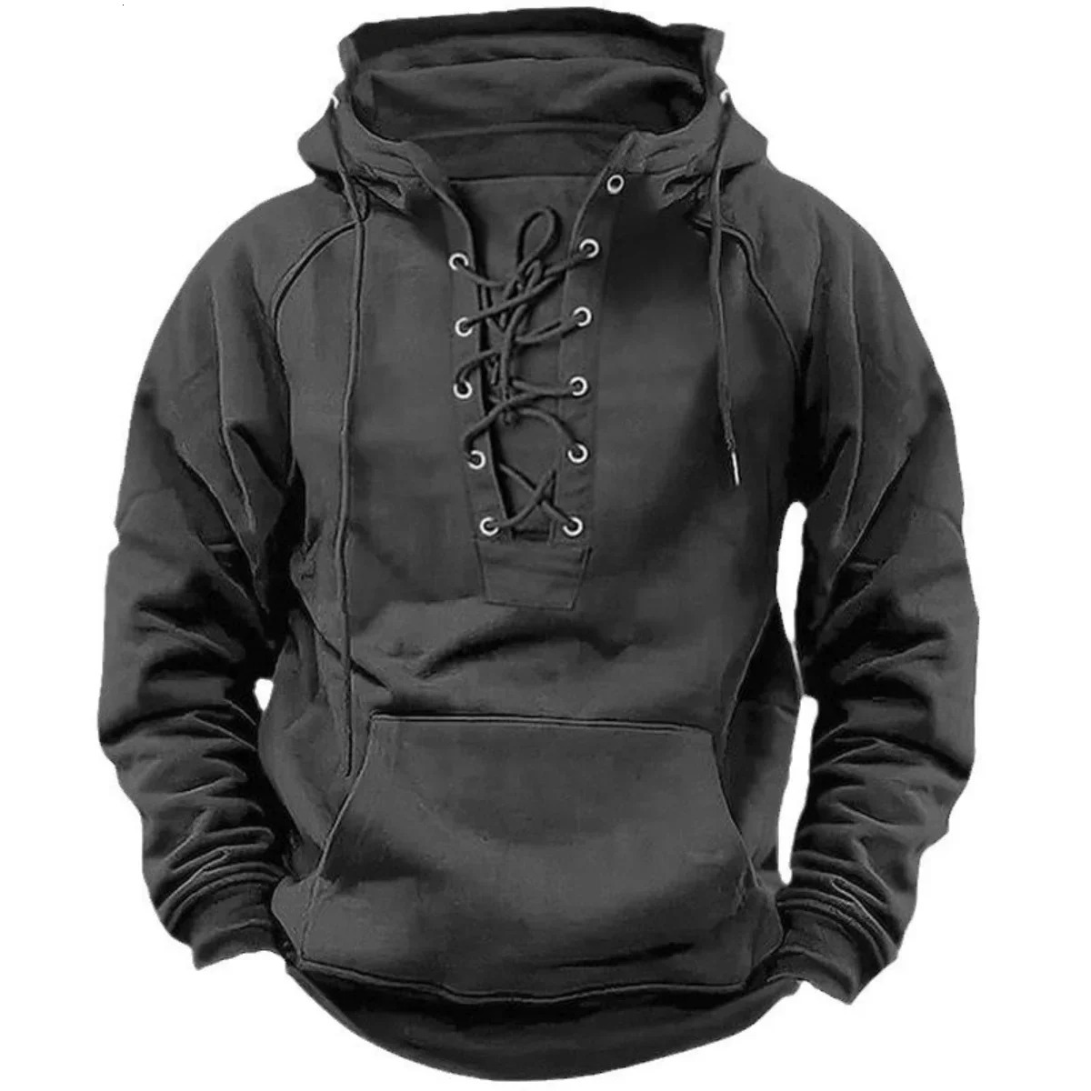 Mens Retro-Style Lace-Up Hooded Sweatshirt Loose-Fitting Long-Sleeved Pullover Pure Color n for Autumn Winter Hoodie 260715BJ