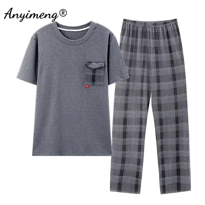 Summer Knitted Cotton Pajamas Set for Men Fashion Man Short Sleeve Plaid Pants Sleepwear Plus Size 4XL Pijamas Boy 260714