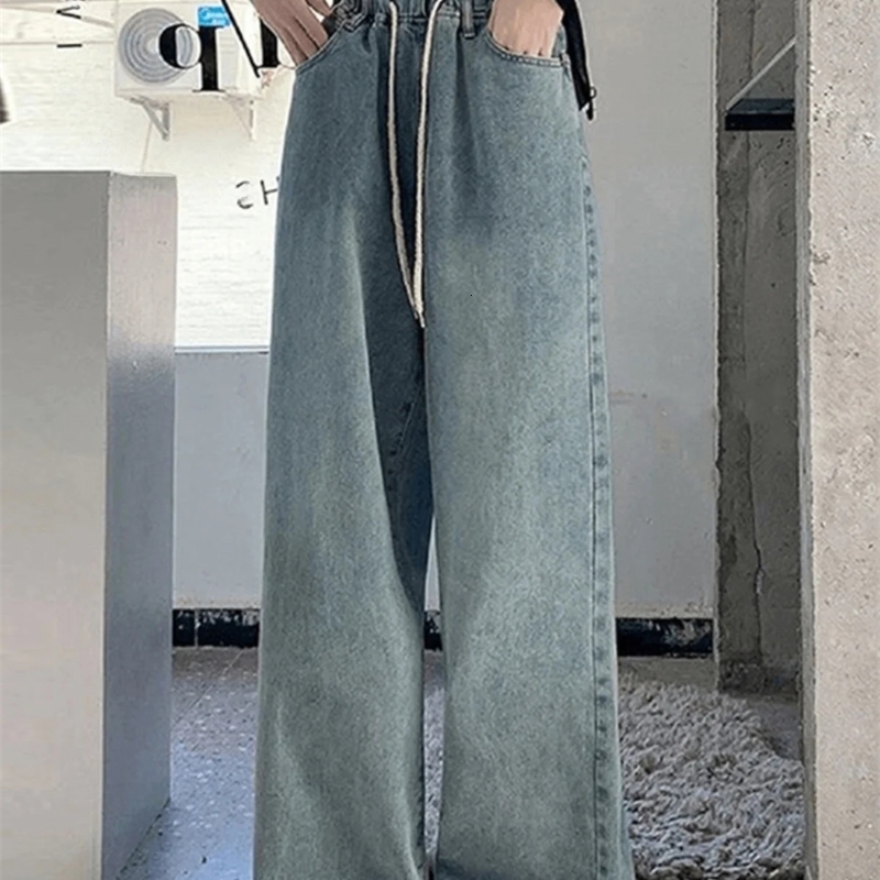 Botvotee Jeans a gamba larga con vita elastica in vita per le donne Pantaloni larghi in denim blu dritti larghi Moda femminile Streetwear y260701
