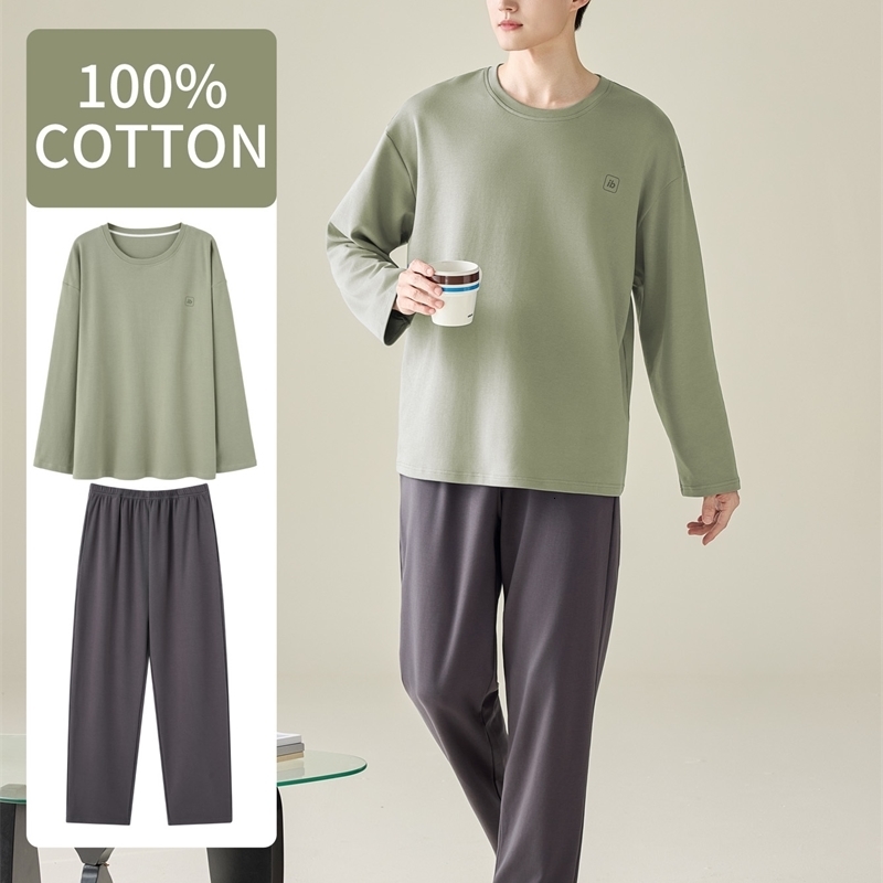 Mens 100 Cotton Long Sleeve Pajama Set Spring Summer All Season Plus Size Loungewear Teen Adult Pure Home Suit y260714banjia