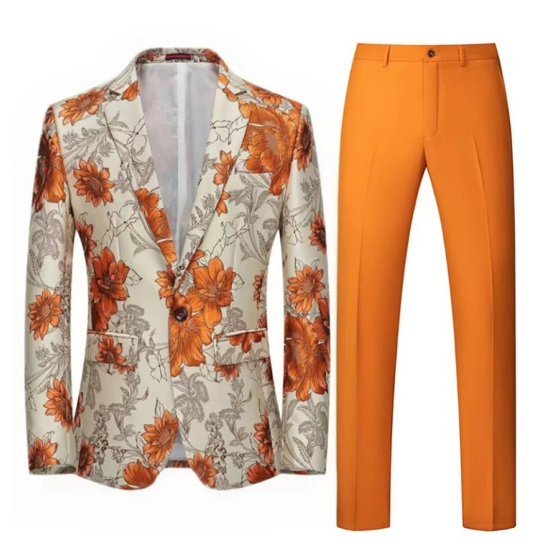 Men Suit 2 Pieces Orange Flower Pattern One Button Business Casual For Wedding Birthday Party Set Jacket And Pants 260715