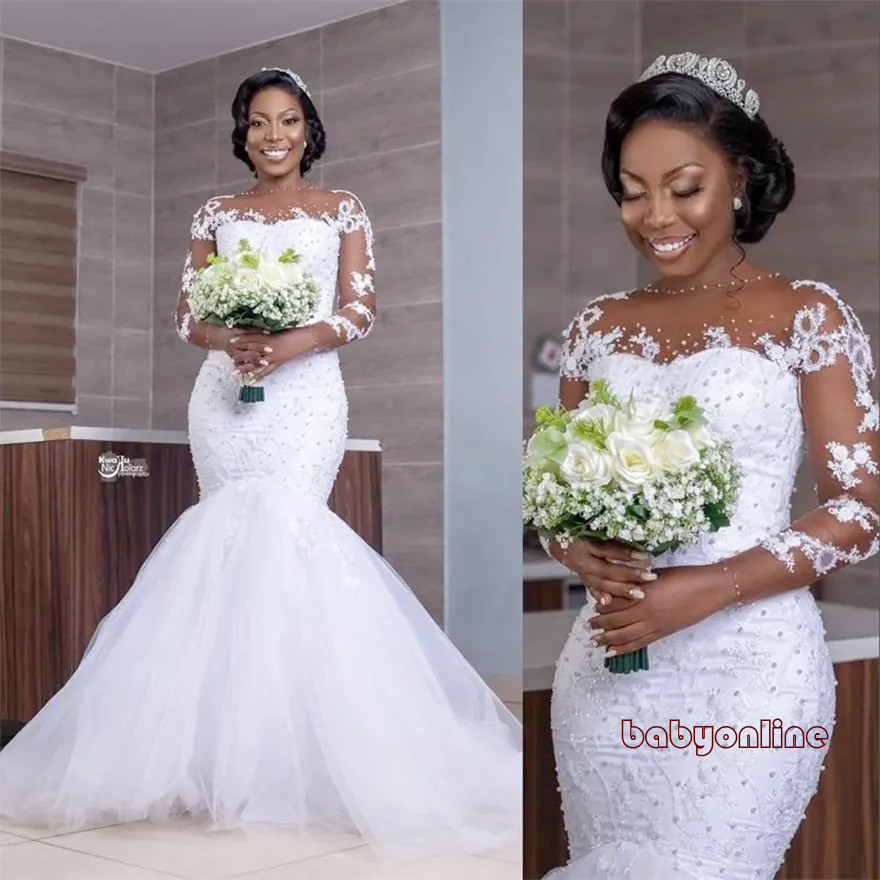 Customized African Luxury Beading Mermaid Dress Long Sleeve Appliques Pearls Wedding Gowns Black Bride Vestido De Noiva