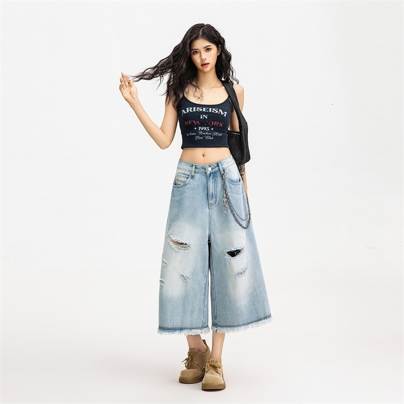 American Vintage High Waist Ripped Loose Wide Leg Jeans Versatile Draped Worn Straight Cropped Denim Pants y260701 b0
