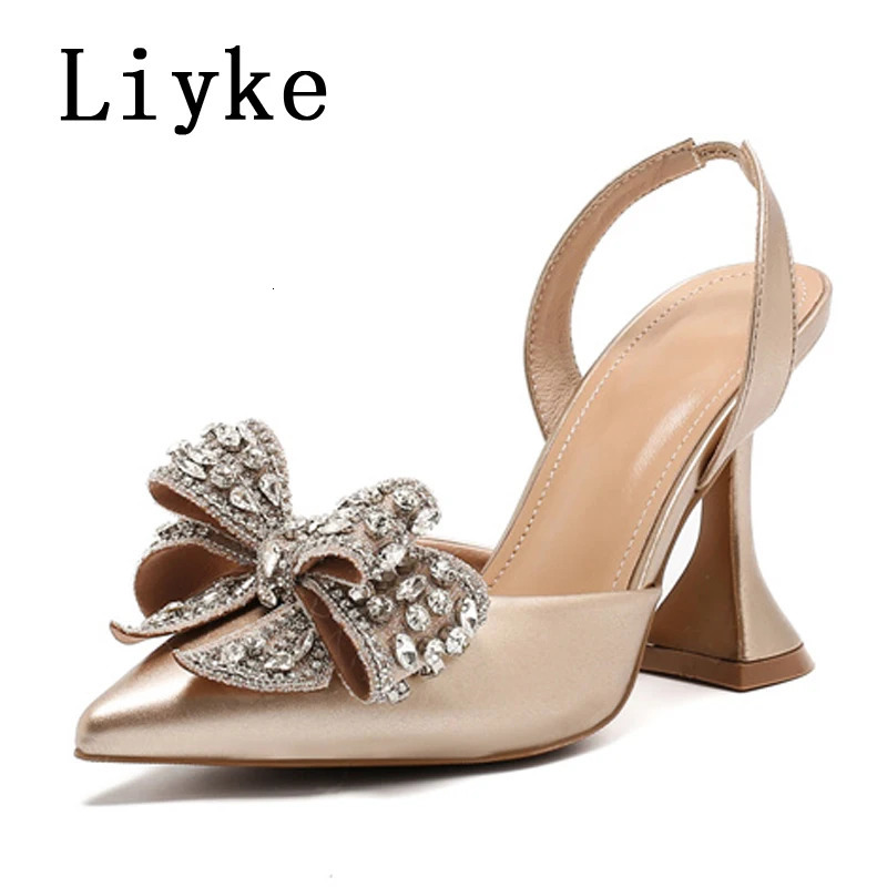 Liyke Spring Summer Fashion Rhinestone Bowknot Women Pumps Sexy Silk Pointed Toe Strange High Heels Party Prom Shoes Gold Silver 260716BJ