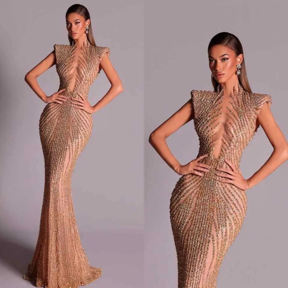 Vintage High Neck Sleeveless Evening Dresses Shiny Sequined Lace Mermaid Prom Dress Customized Floor Length Party Gown F125