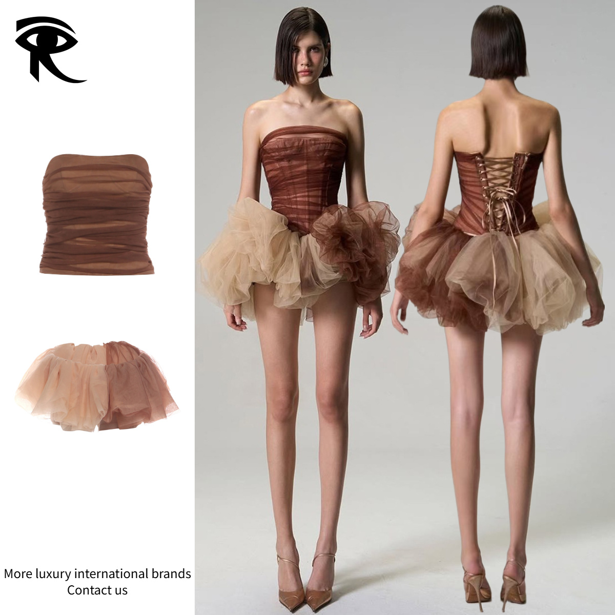 2026 Ensemble deux pièces Balletcore, corset drapé sans bretelles, jupe tutu asymétrique en tulle bicolore, ensemble de créateurs Earthy Fairycor