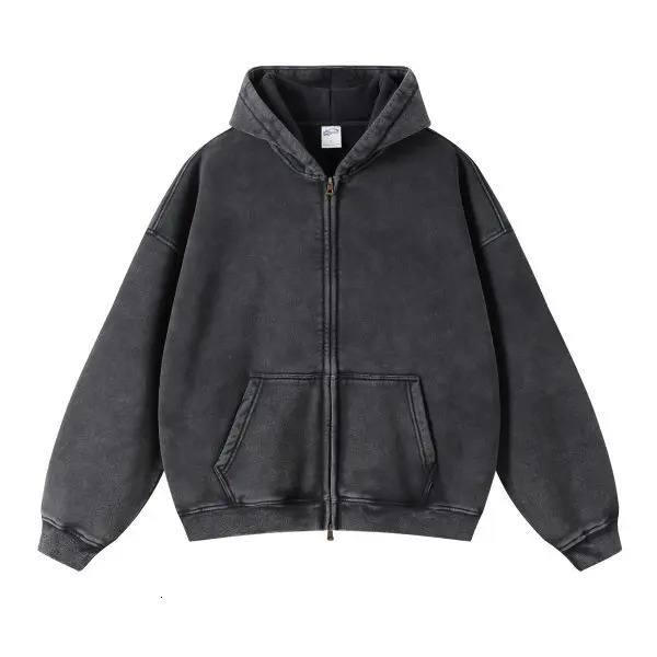 Spring Autumn Fahsion Mens Casual Trendy Loose Solid Color Waxed Hooded Hoodies American Zipper Washed Vintage Coat Male 260715BJ