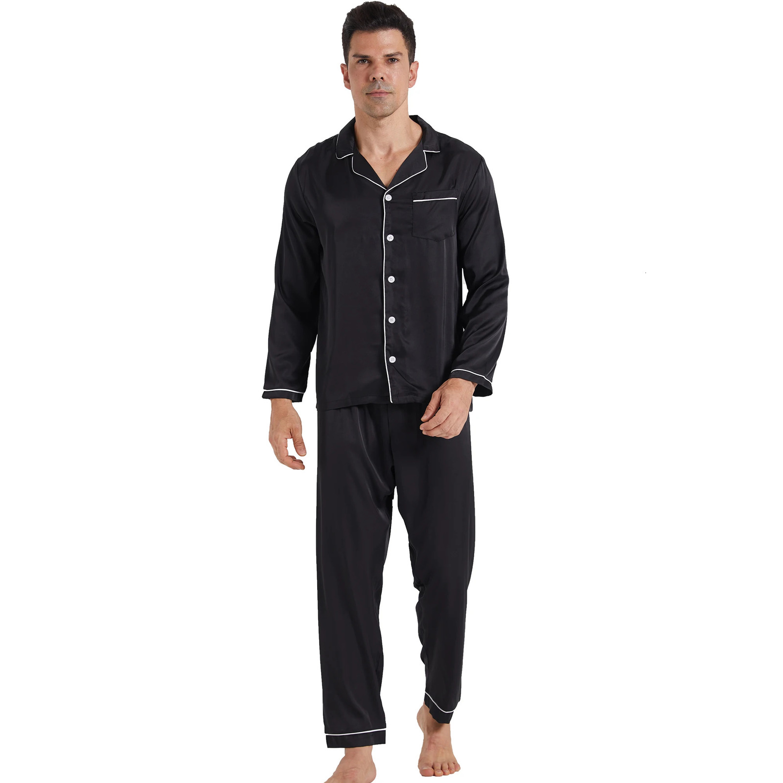 Mens Satin Pajamas Set Silk for Men Long Sleeve Loungewear TwoPiece Sleepwear Button Down Pj 260714banjia