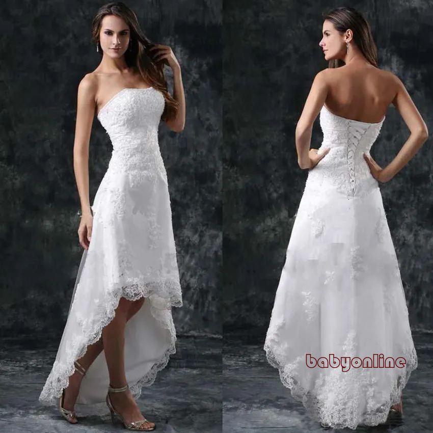 Summer Beach Hi Lo Full A Line Wedding Dresses Strapless Appliques Short Formal Lace Up Back Vestidos Bridal Gowns