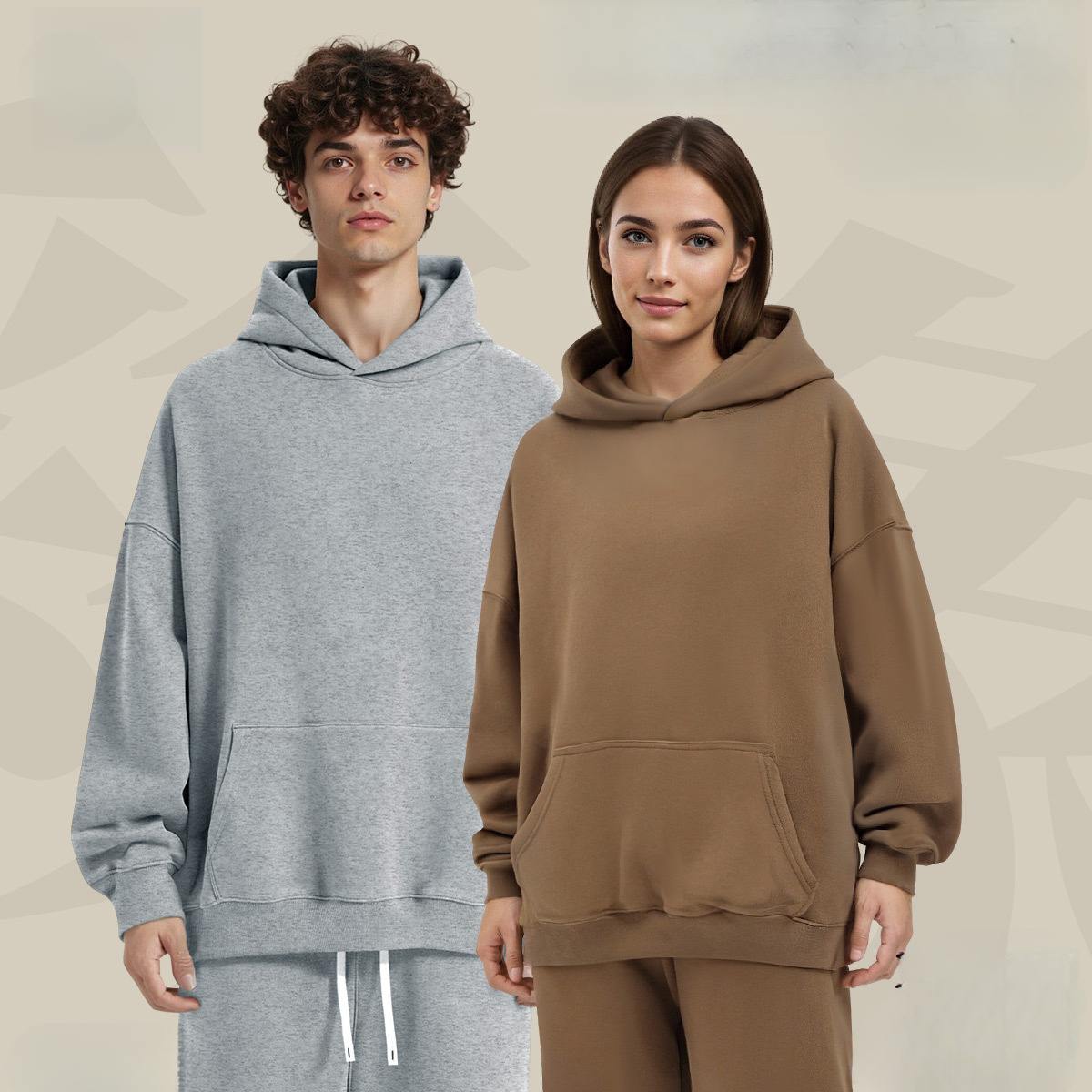 Sweat-shirt à capuche surdimensionné pour hommes, pull à capuche fin en acétate marron avec manches longues et col rond, haut de vêtements de spo