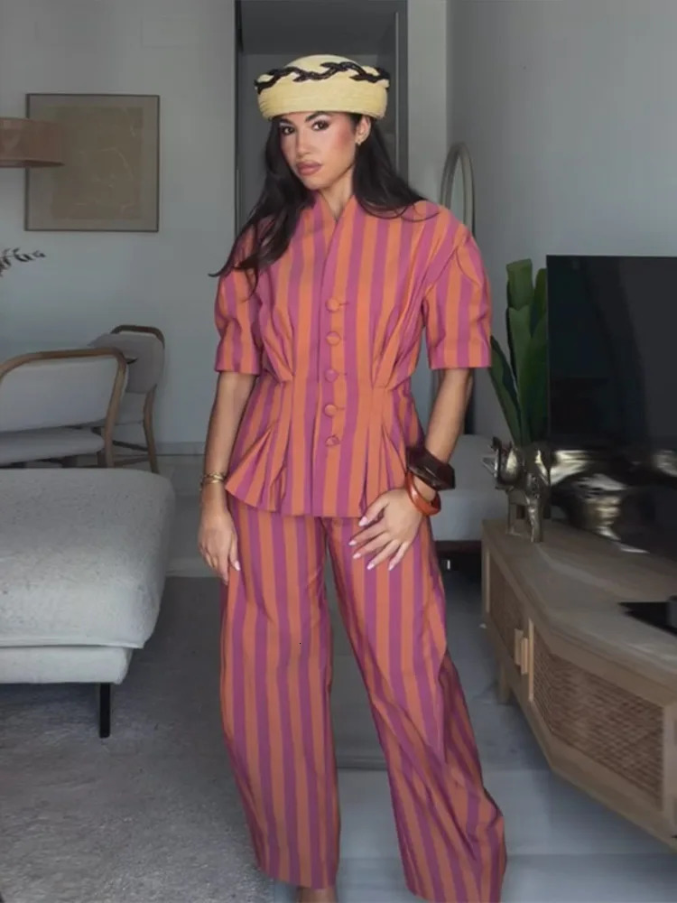 Pants Set Womens TwoPiece Stripe Top Shirt Wide Leg Trousers Summer Suit Daly Wear 2026 Matching Sets Woman Clothes 260717BJ