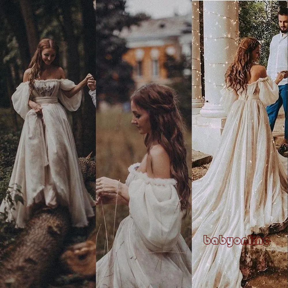 New Bohemia Cheap Sexy Country Short Sleeves Off Shoulder Ball Gown Wedding Dresses Tulle Puffy Court Train Plus Size Formal Bridal Gowns