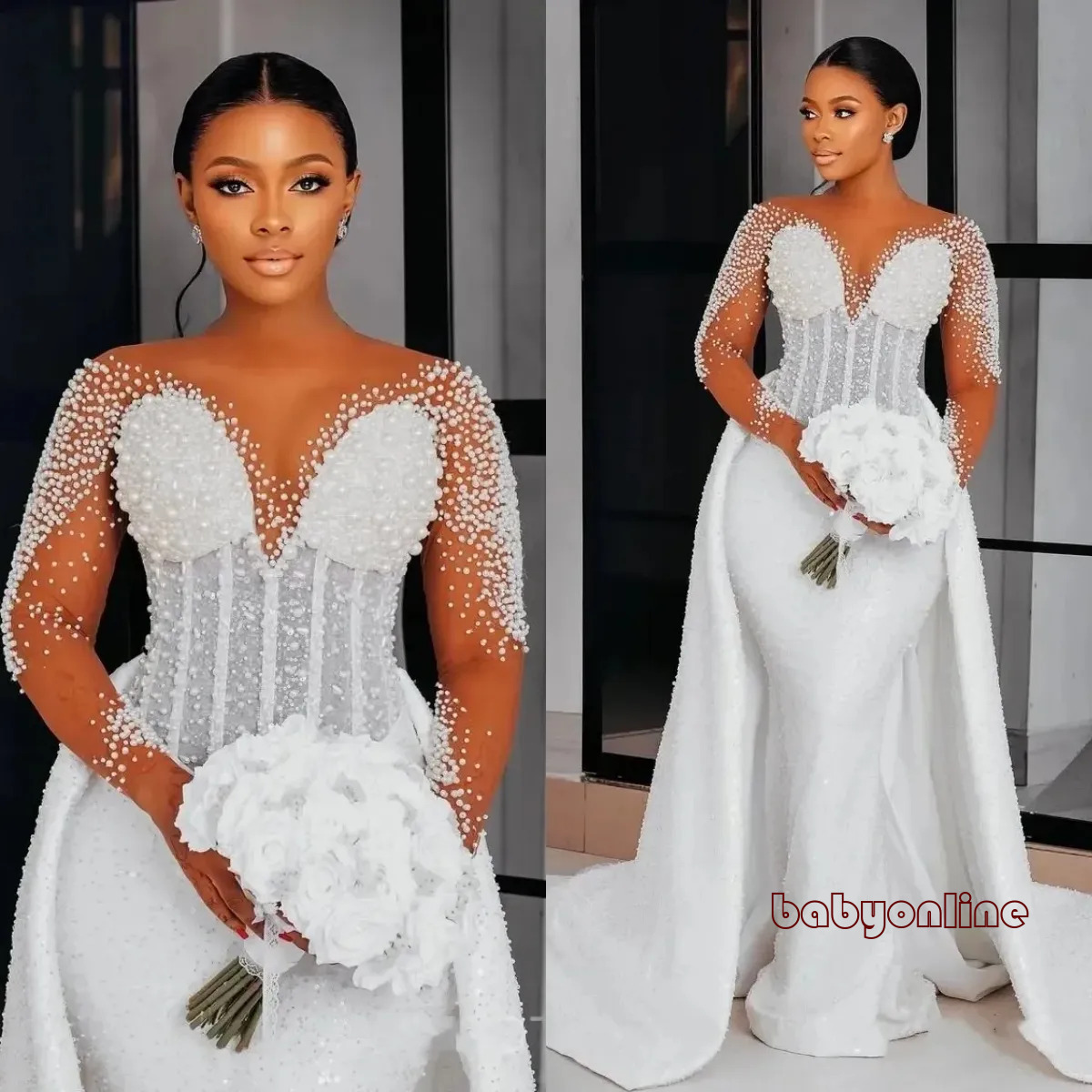 Shiny Pearls Mermaid Bridal Gowns Off Shoulder Long Sleeve Wedding Dresses Sequins Vestidos De Novia Customized