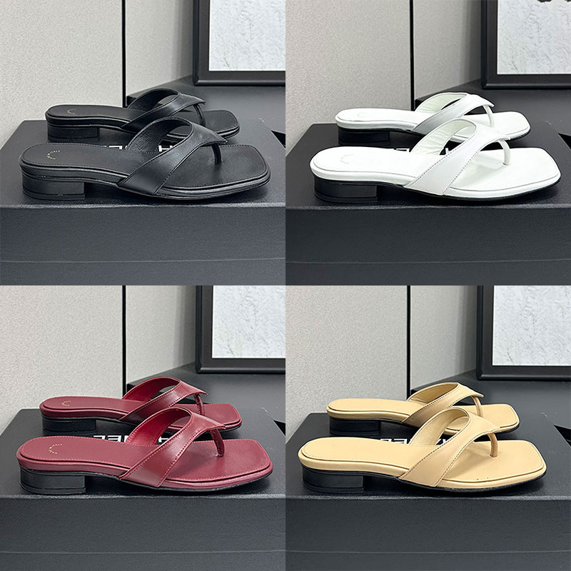 Fall Winter 2026 Pre Collection Womens CC Thongs Sandals Elegant Lambskin Square Toe Flip Flops Luxury Designers Metal Logo Low Heel Slides Leather
