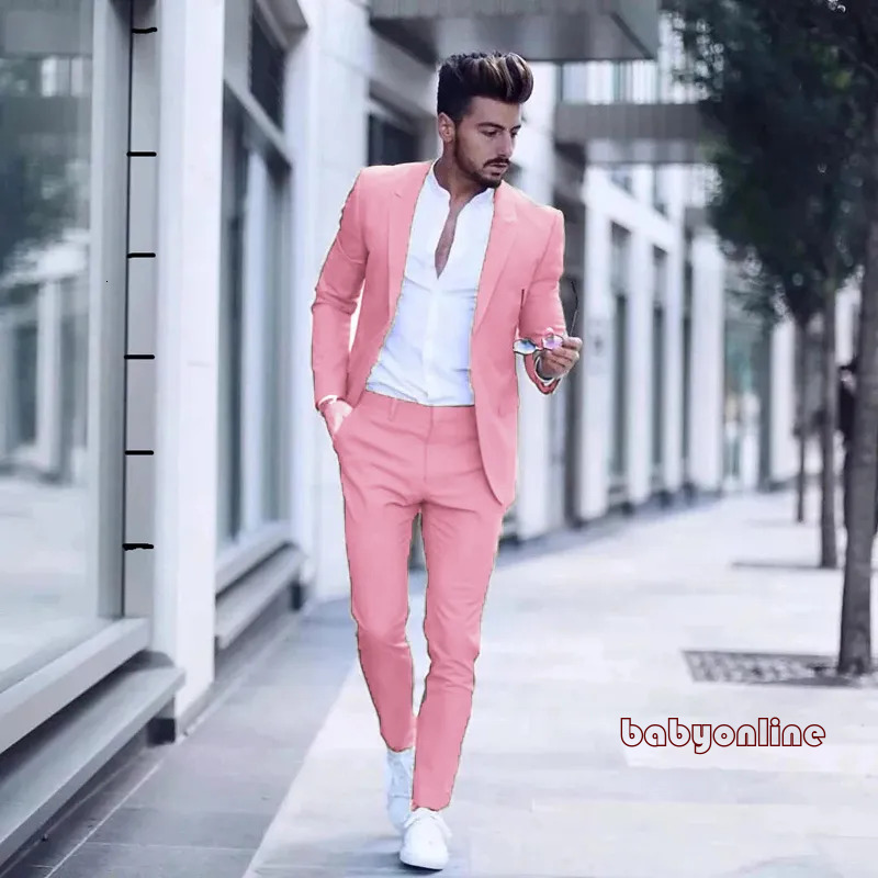 Handsome Pink Mens Sus Wedding Tuxedos Slim F Peak Lapel Two Pieces Groom Formal Wear Male Men Prom Party Blazer (Jacket+Pants) Sky Blue Black Whe